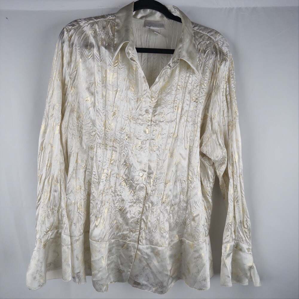 Worthington Woman Metallic Gold Crinkled Long Sleeve Button-Down Shirt